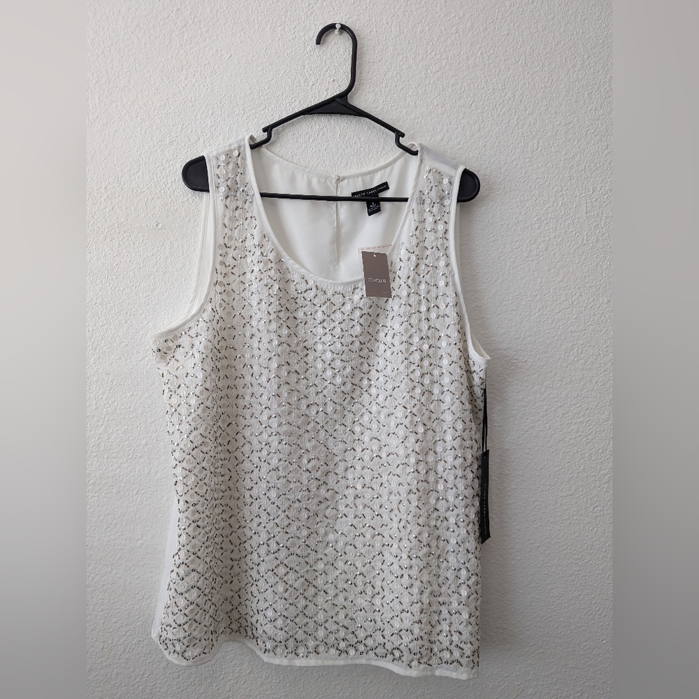 Black Label by Chico's Sequin Woven Beaded Women's White Tank